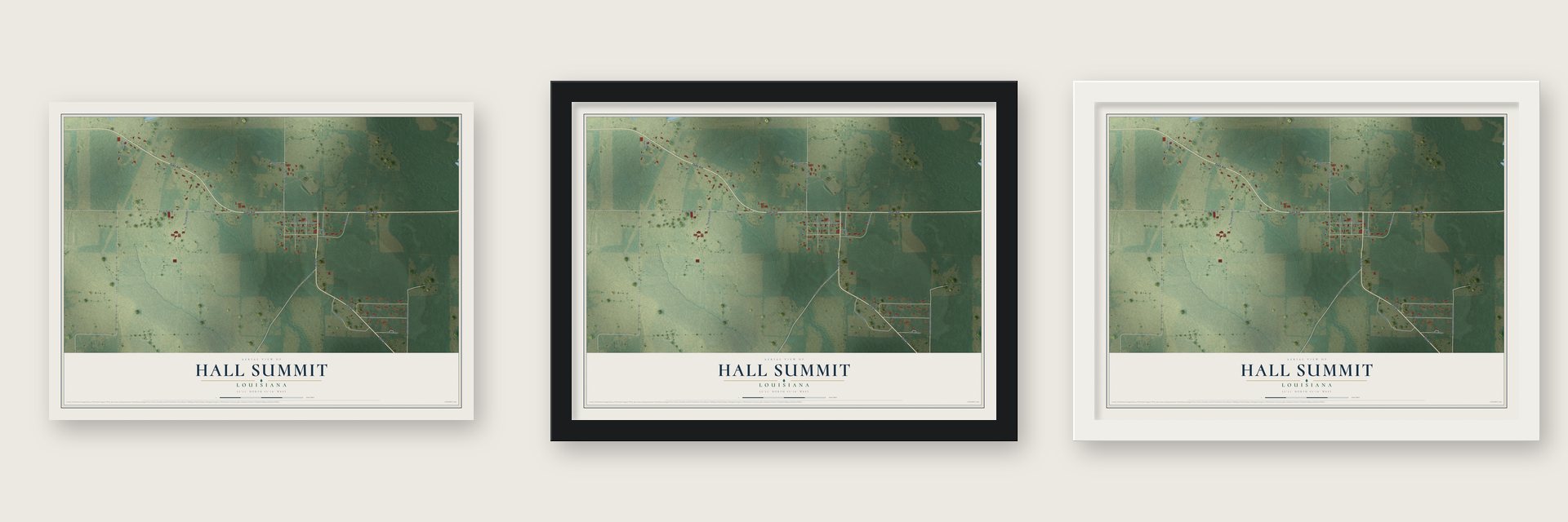 Hall Summit, Louisiana map unframed, in a black wood frame and in a white wood frame
