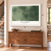 Hall Summit, Louisiana map, 24 x 36 inch print in a white frame above a dresser by a staircase