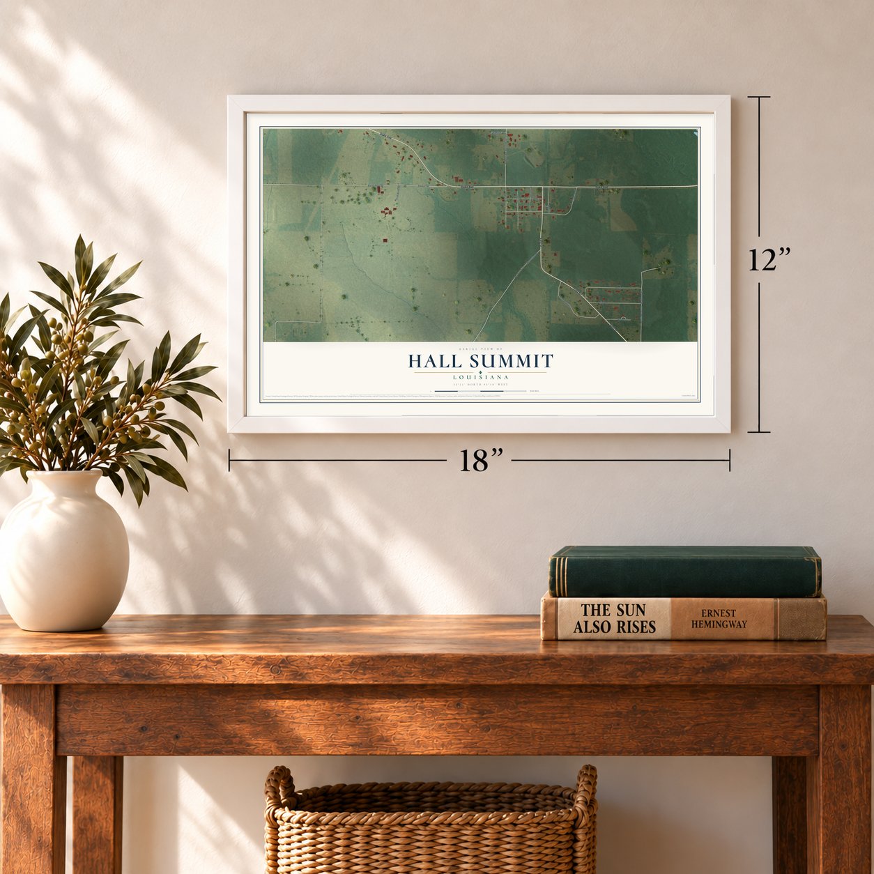 Hall Summit, Louisiana map, 12 x 18 inch print in a white frame in an entryway