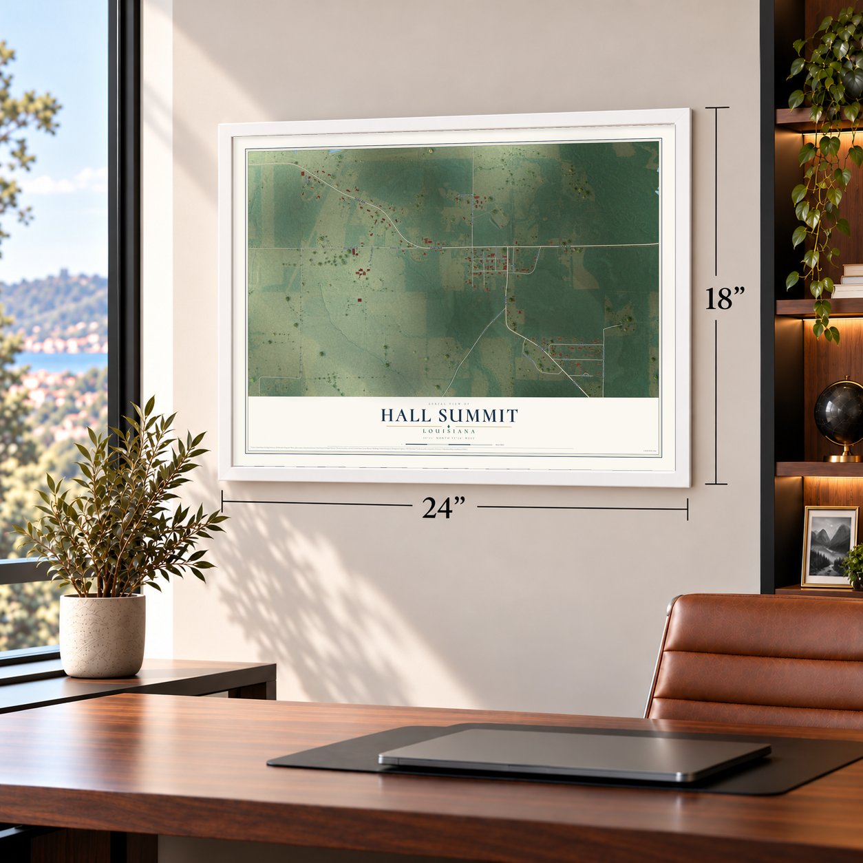 Hall Summit, Louisiana map, 18 x 24 inch print in a white frame in a home office