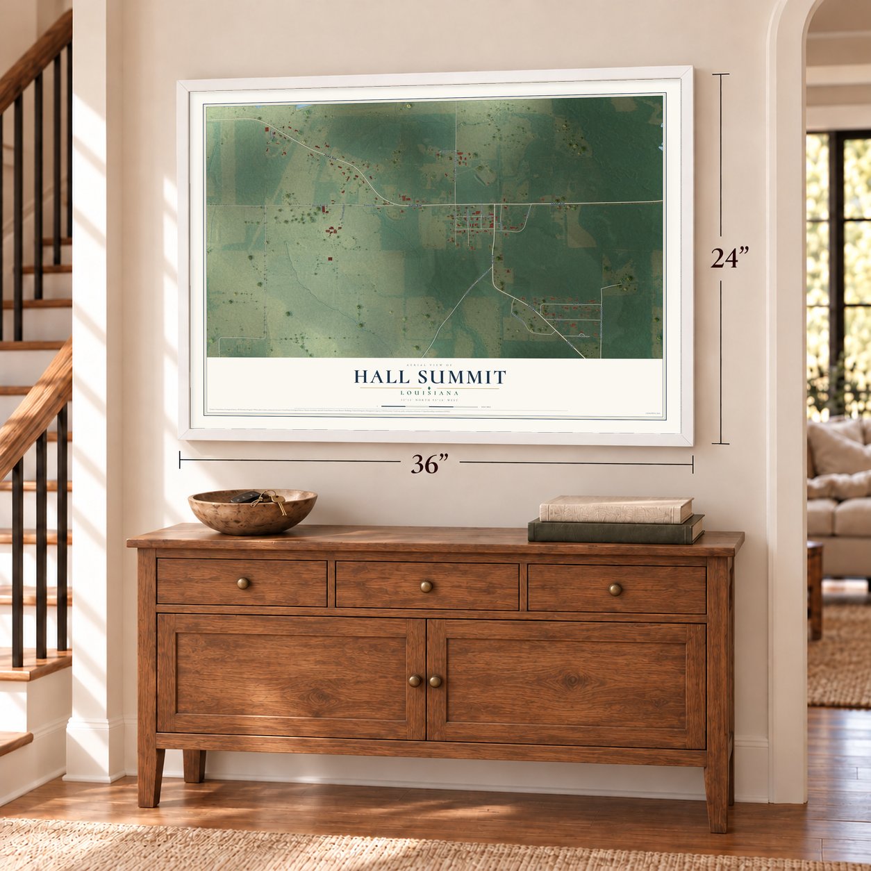 Hall Summit, Louisiana map, 24 x 36 inch print in a white frame above a dresser by a staircase