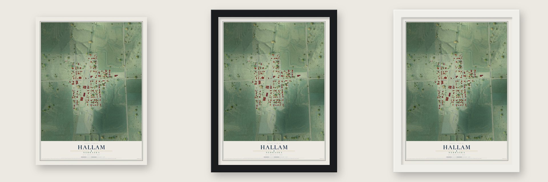 Hallam, Nebraska map unframed, in a black wood frame and in a white wood frame