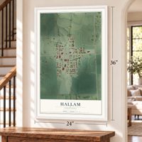 Hallam, Nebraska map, 24 x 36 inch print in a white frame by a staircase
