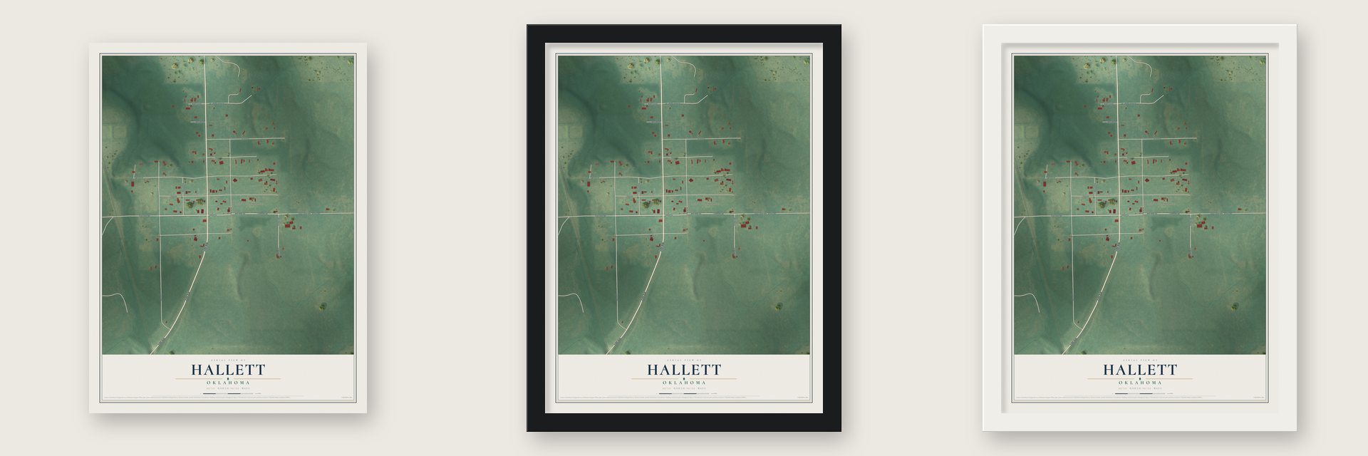 Hallett, Oklahoma map unframed, in a black wood frame and in a white wood frame