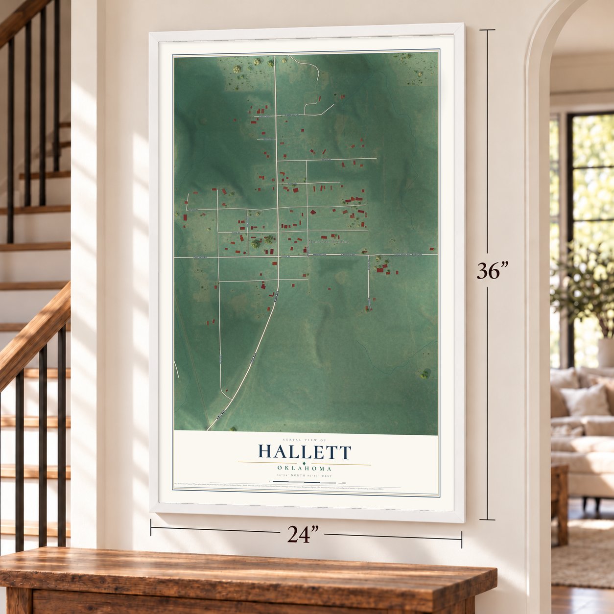 Hallett, Oklahoma map, 24 x 36 inch print in a white frame by a staircase