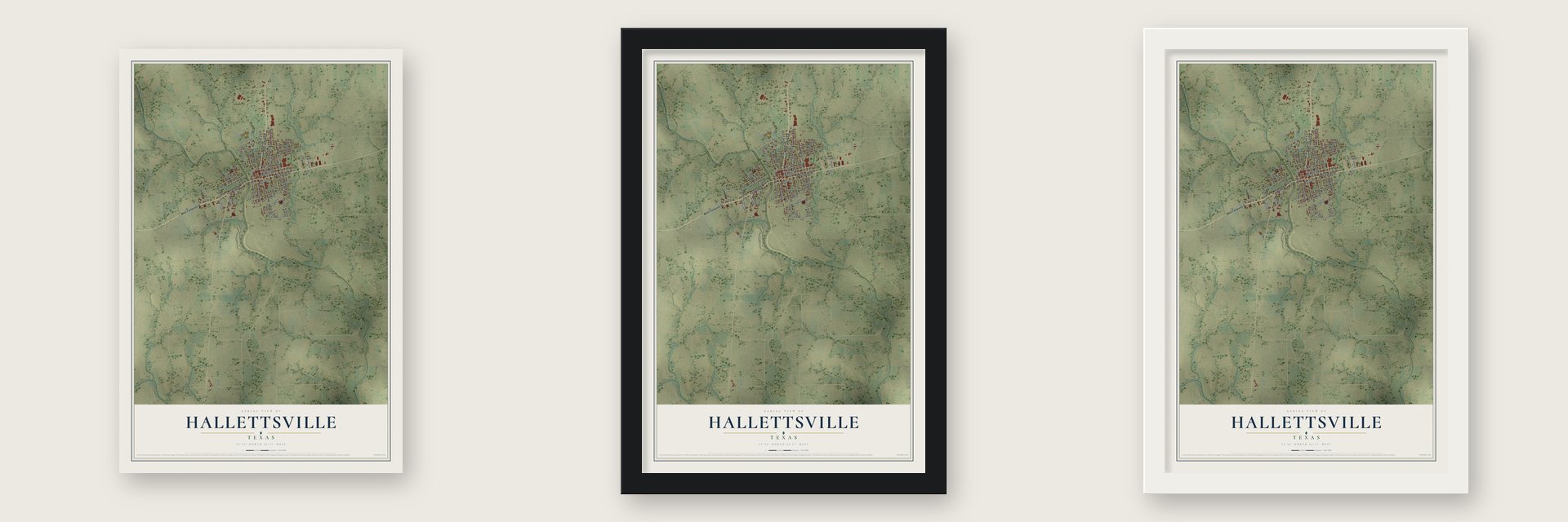 Hallettsville, Texas map unframed, in a black wood frame and in a white wood frame