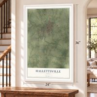 Hallettsville, Texas map, 24 x 36 inch print in a white frame by a staircase
