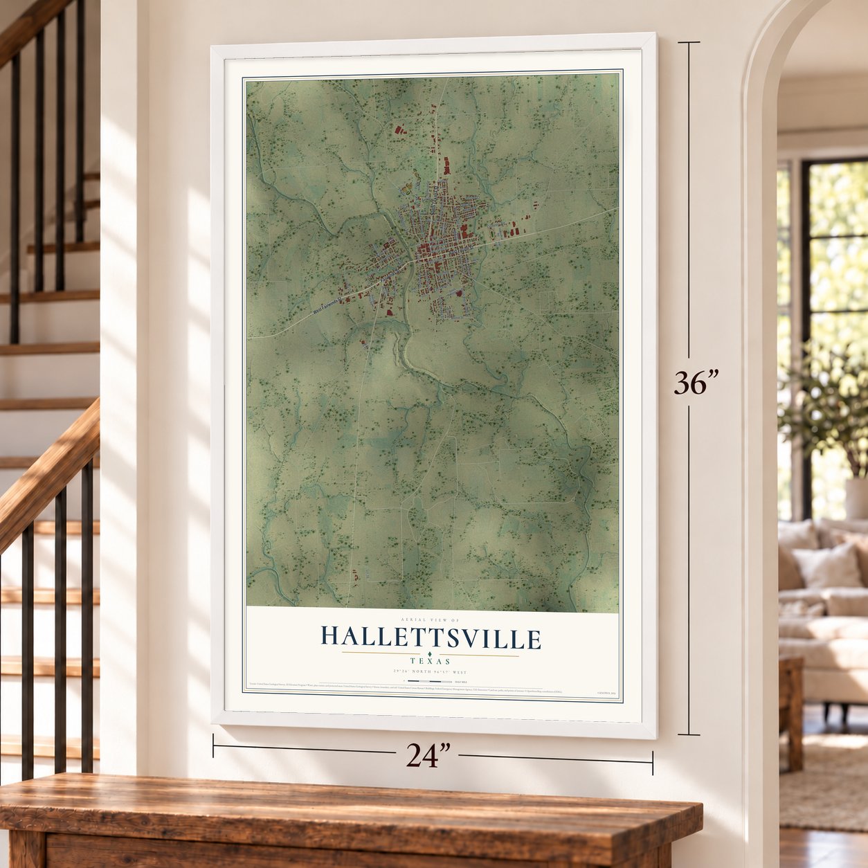 Hallettsville, Texas map, 24 x 36 inch print in a white frame by a staircase