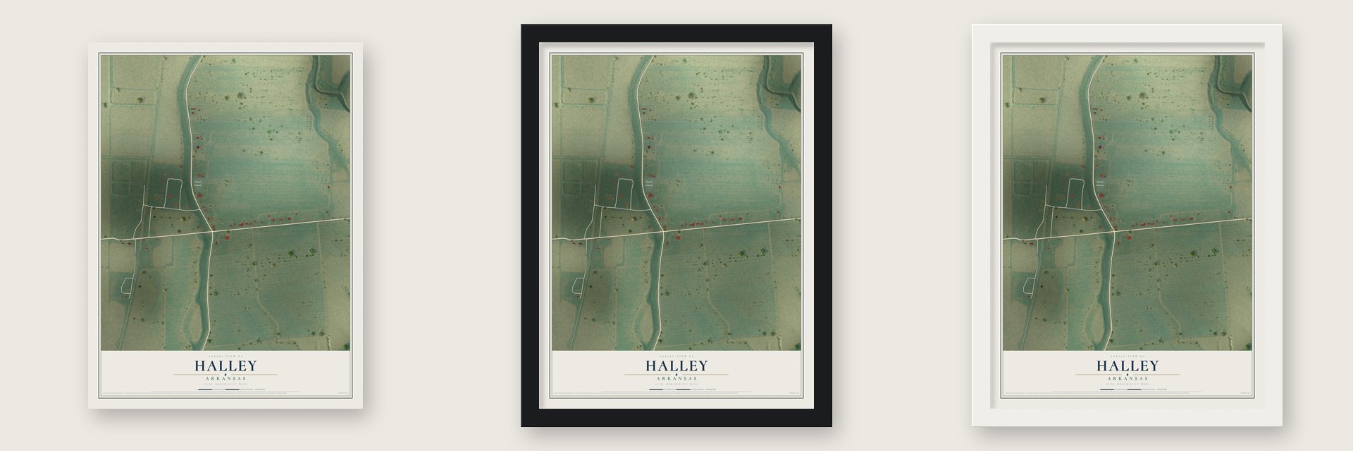 Halley, Arkansas map unframed, in a black wood frame and in a white wood frame