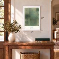 Halley, Arkansas map, 12 x 18 inch print in a white frame in an entryway
