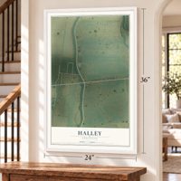 Halley, Arkansas map, 24 x 36 inch print in a white frame by a staircase