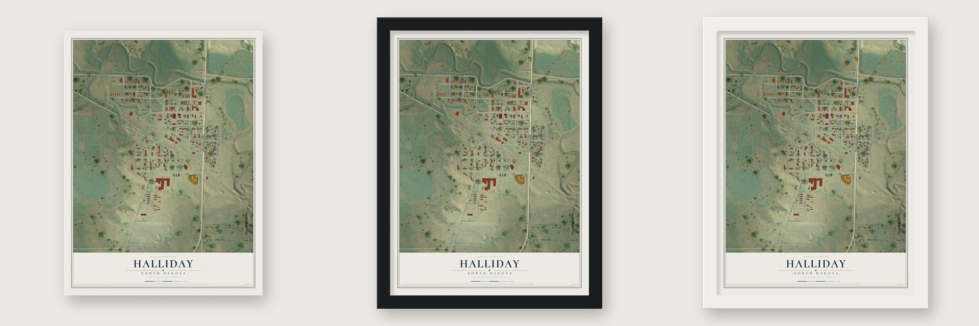Halliday, North Dakota map unframed, in a black wood frame and in a white wood frame