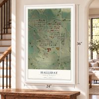 Halliday, North Dakota map, 24 x 36 inch print in a white frame by a staircase