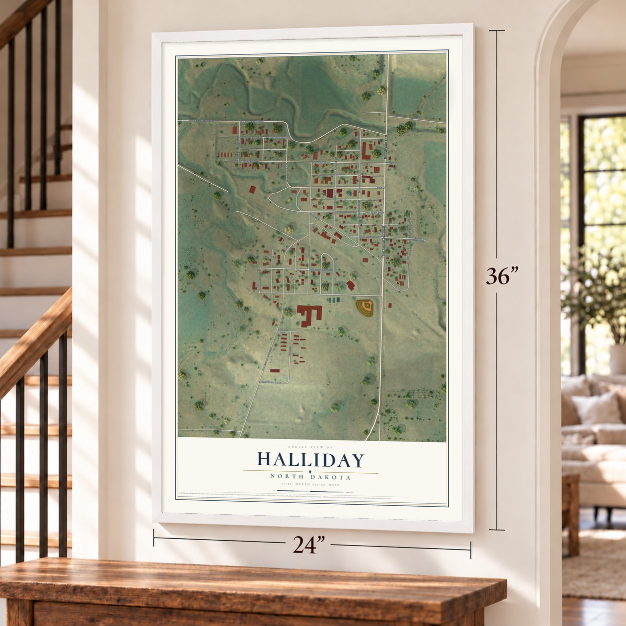 Halliday, North Dakota map, 24 x 36 inch print in a white frame by a staircase