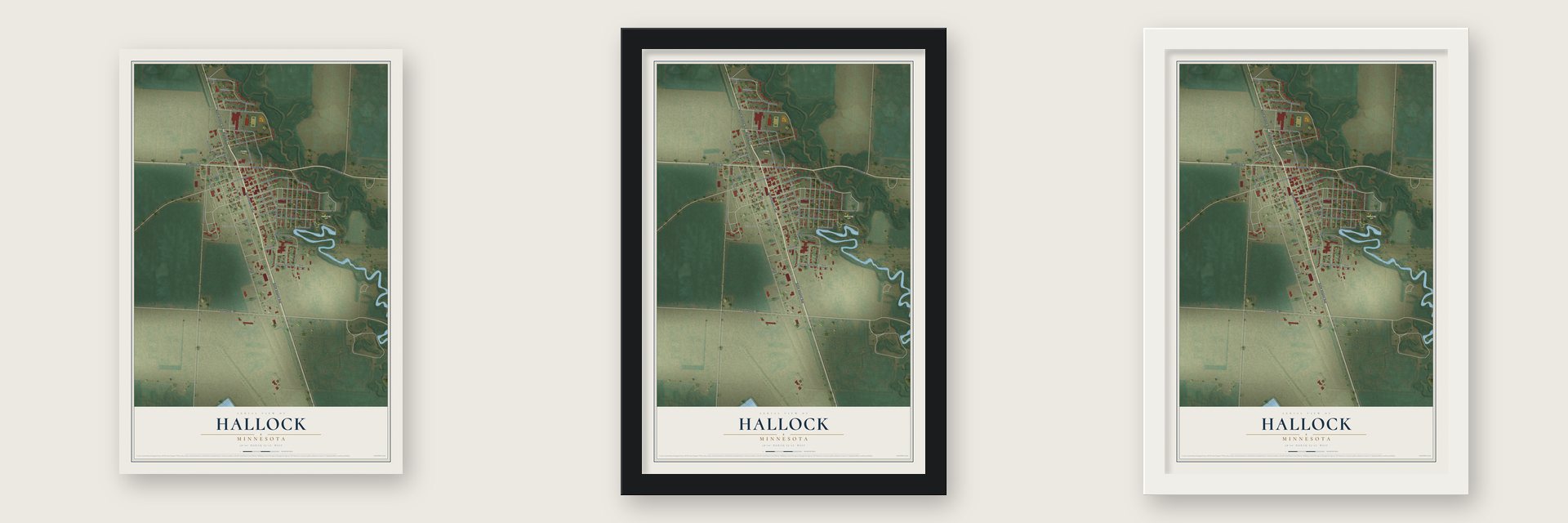 Hallock, Minnesota map unframed, in a black wood frame and in a white wood frame