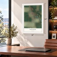 Hallock, Minnesota map, 18 x 24 inch print in a white frame in a home office