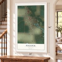 Hallock, Minnesota map, 24 x 36 inch print in a white frame by a staircase