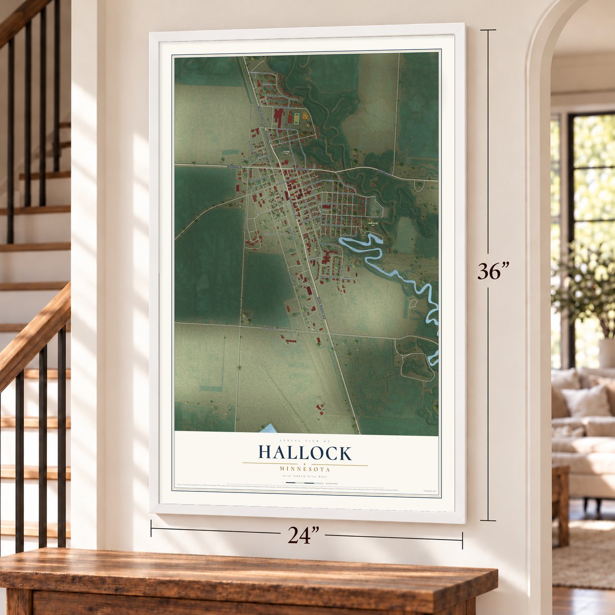Hallock, Minnesota map, 24 x 36 inch print in a white frame by a staircase