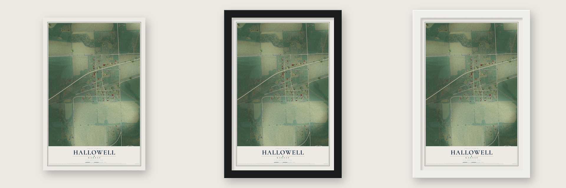 Hallowell, Kansas map unframed, in a black wood frame and in a white wood frame