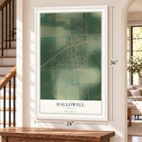 Hallowell, Kansas map, 24 x 36 inch print in a white frame by a staircase