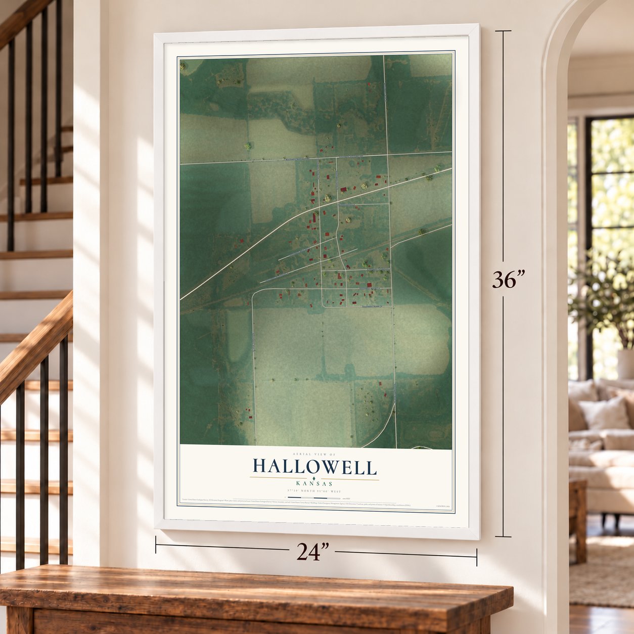 Hallowell, Kansas map, 24 x 36 inch print in a white frame by a staircase