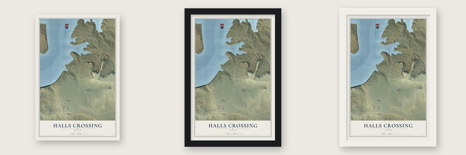 Halls Crossing, Utah map unframed, in a black wood frame and in a white wood frame