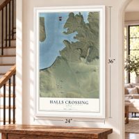 Halls Crossing, Utah map, 24 x 36 inch print in a white frame by a staircase