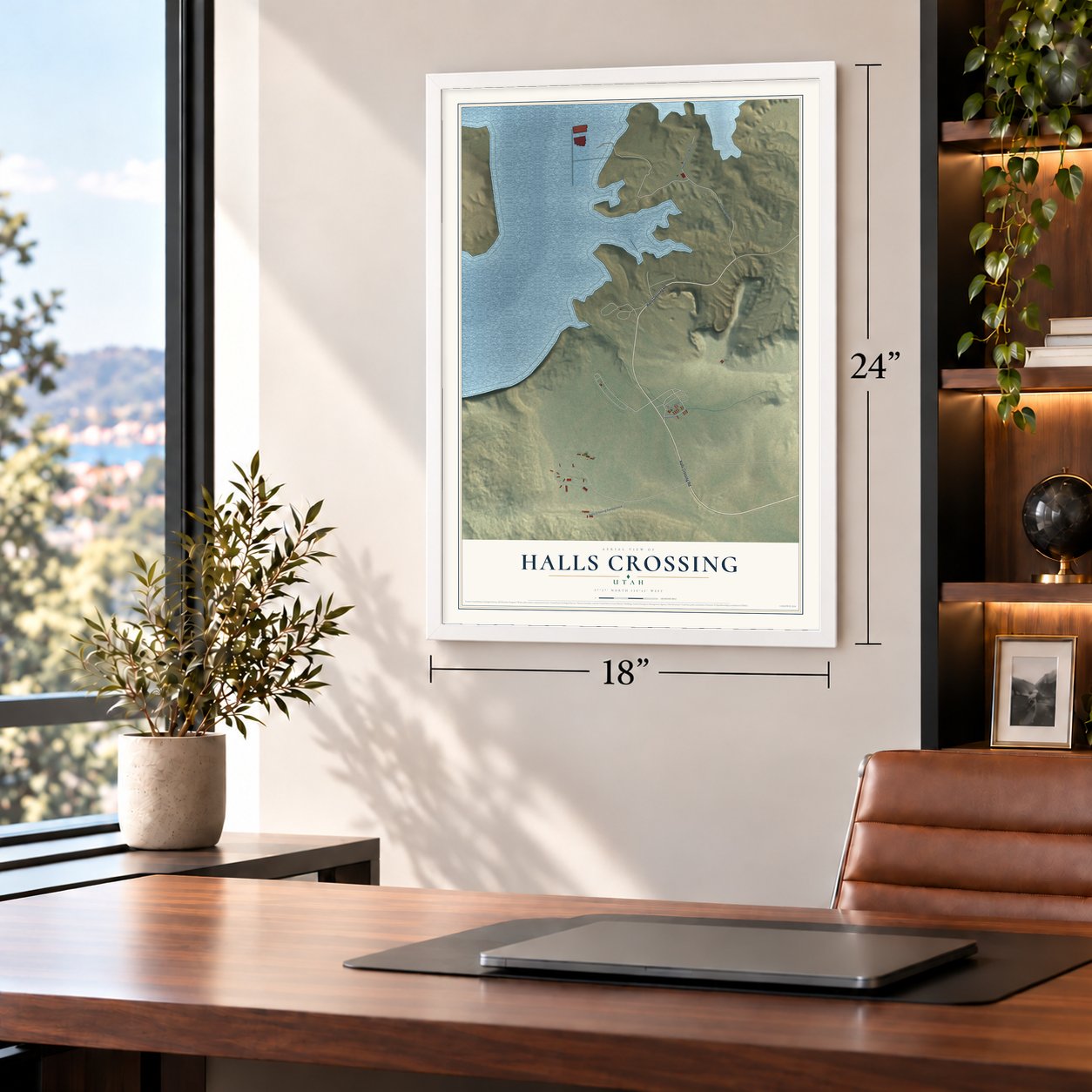 Halls Crossing, Utah map, 18 x 24 inch print in a white frame in a home office