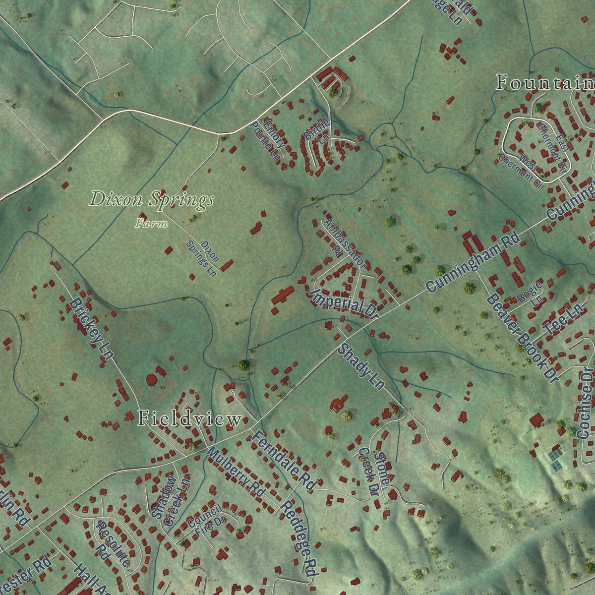 Second close-up of the map of Halls Crossroads, Tennessee print showing more streets and buildings
