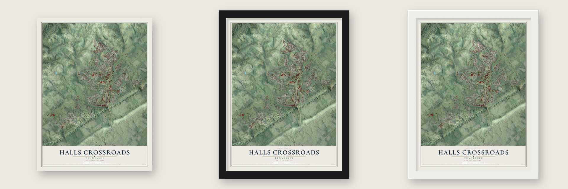 Halls Crossroads, Tennessee map unframed, in a black wood frame and in a white wood frame