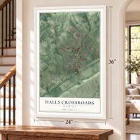 Halls Crossroads, Tennessee map, 24 x 36 inch print in a white frame by a staircase