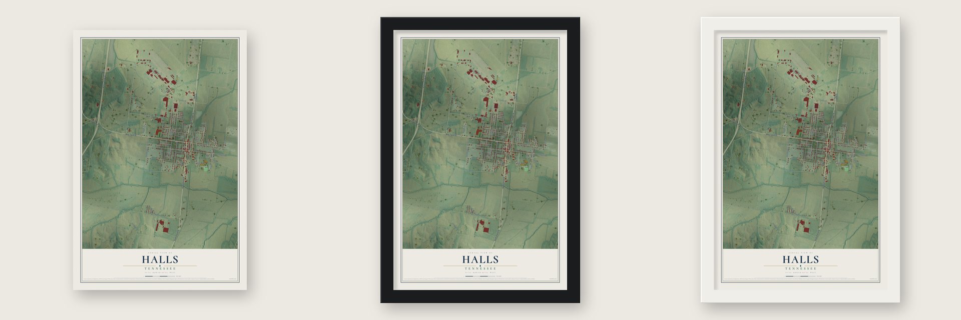 Halls, Tennessee map unframed, in a black wood frame and in a white wood frame