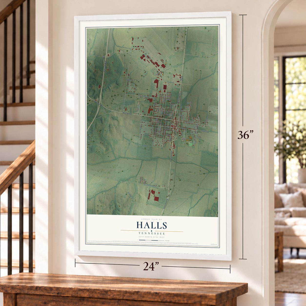 Halls, Tennessee map, 24 x 36 inch print in a white frame by a staircase