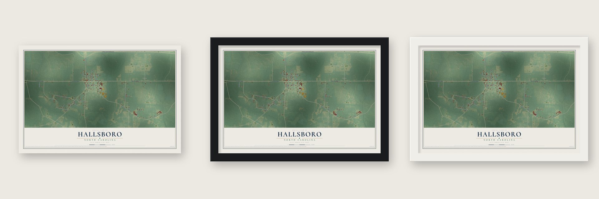 Hallsboro, North Carolina map unframed, in a black wood frame and in a white wood frame