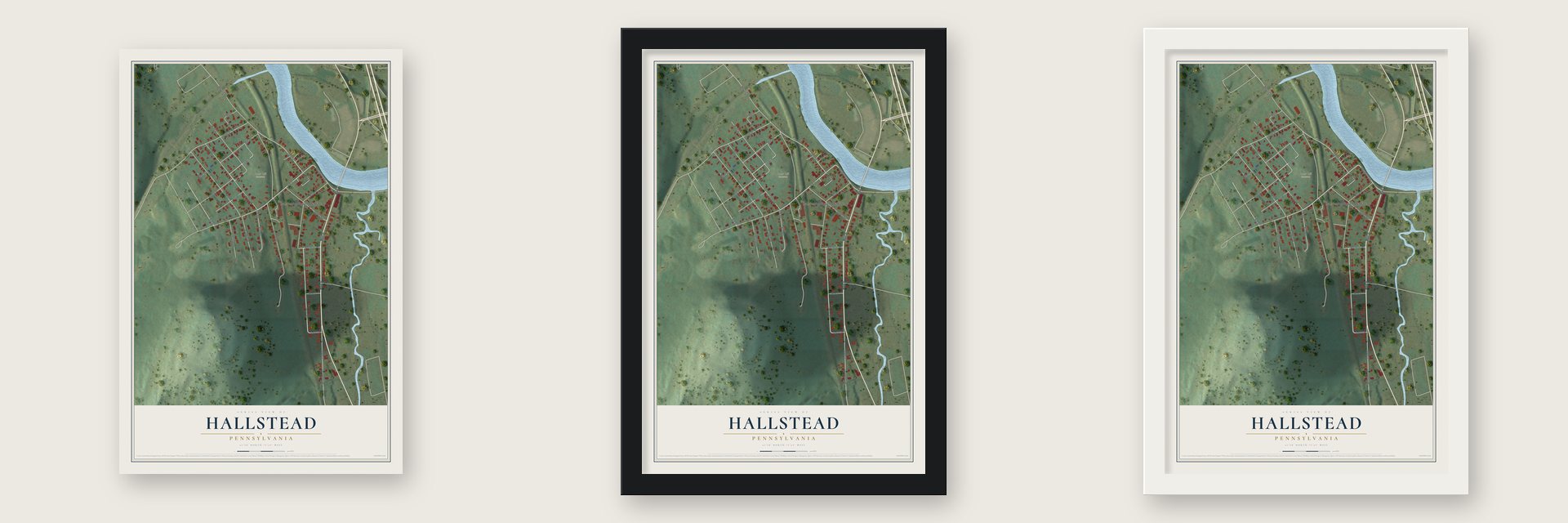 Hallstead, Pennsylvania map unframed, in a black wood frame and in a white wood frame
