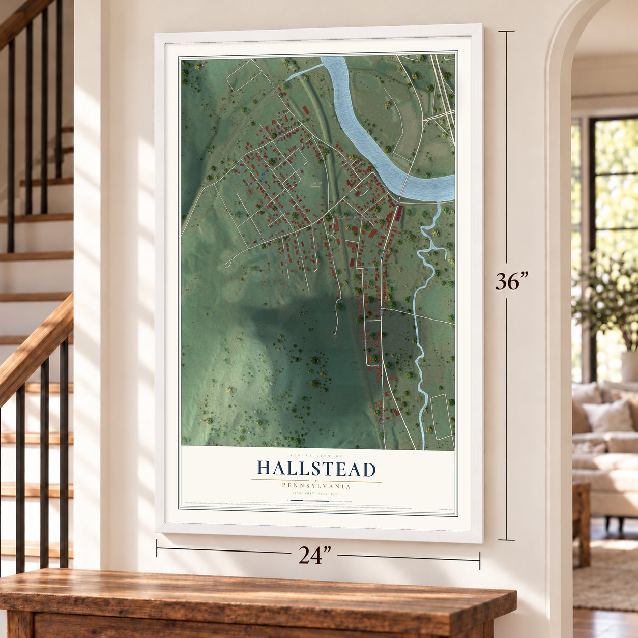 Hallstead, Pennsylvania map, 24 x 36 inch print in a white frame by a staircase