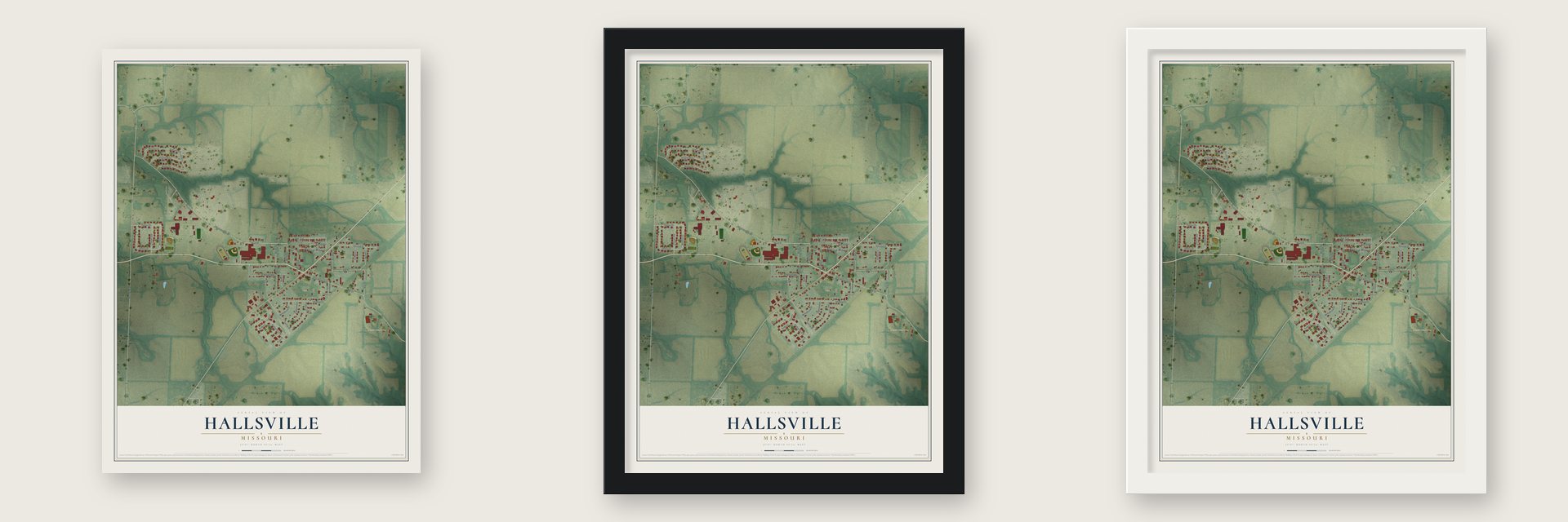 Hallsville, Missouri map unframed, in a black wood frame and in a white wood frame