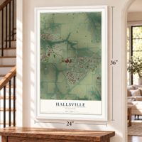 Hallsville, Missouri map, 24 x 36 inch print in a white frame by a staircase