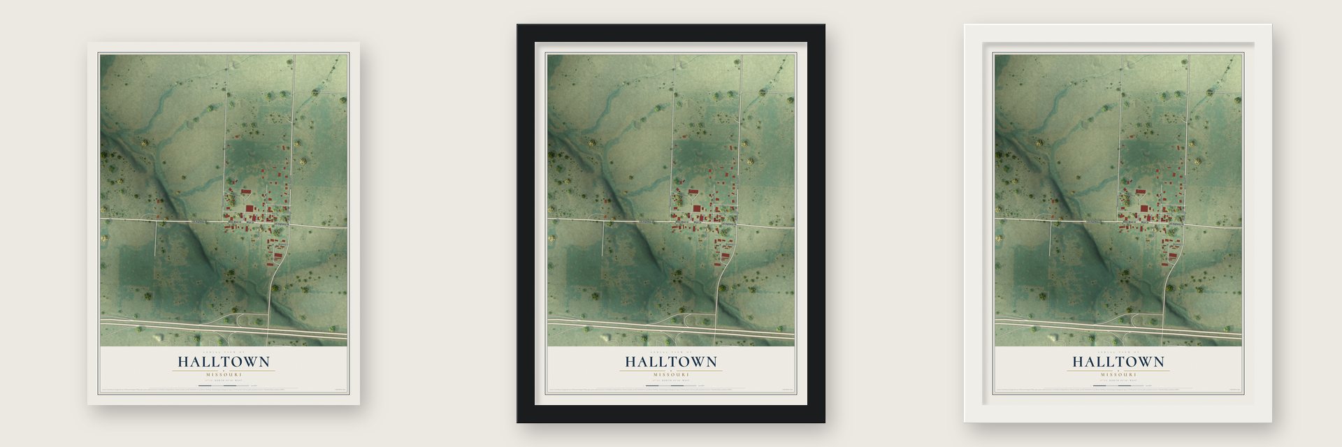 Halltown, Missouri map unframed, in a black wood frame and in a white wood frame