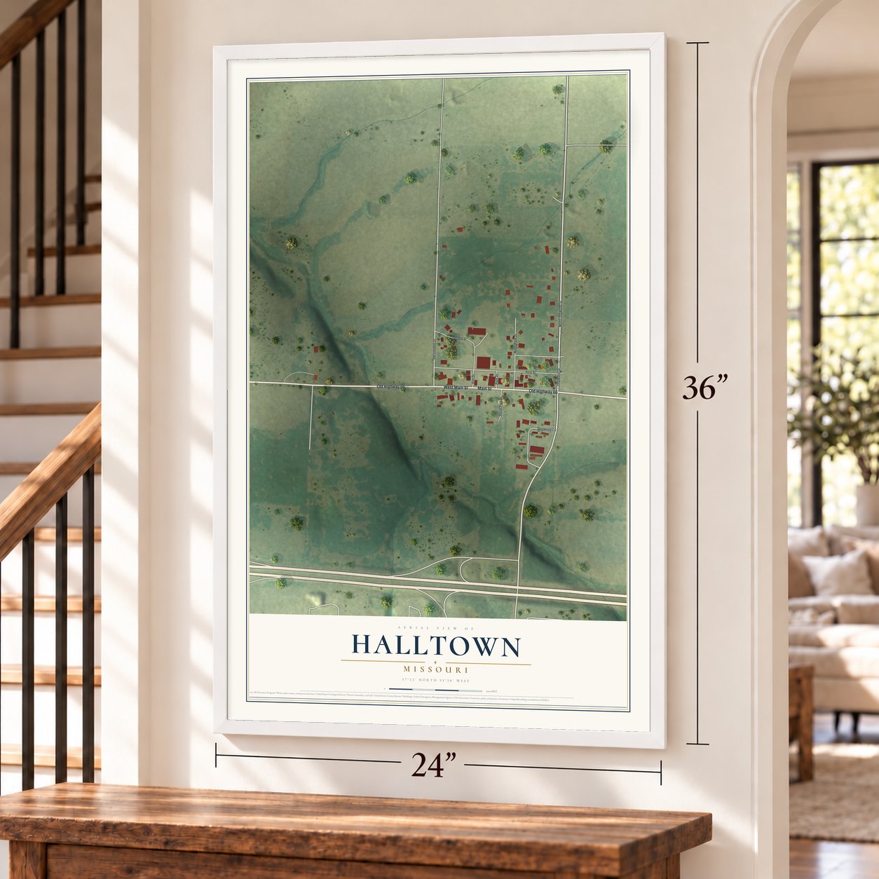 Halltown, Missouri map, 24 x 36 inch print in a white frame by a staircase