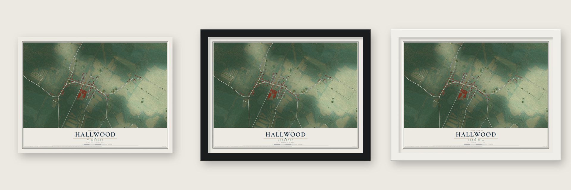 Hallwood, Virginia map unframed, in a black wood frame and in a white wood frame