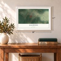 Hallwood, Virginia map, 12 x 18 inch print in a white frame in an entryway