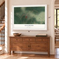 Hallwood, Virginia map, 24 x 36 inch print in a white frame above a dresser by a staircase