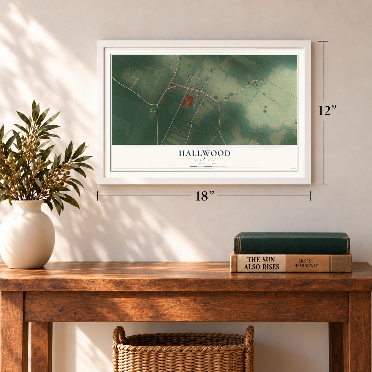 Hallwood, Virginia map, 12 x 18 inch print in a white frame in an entryway