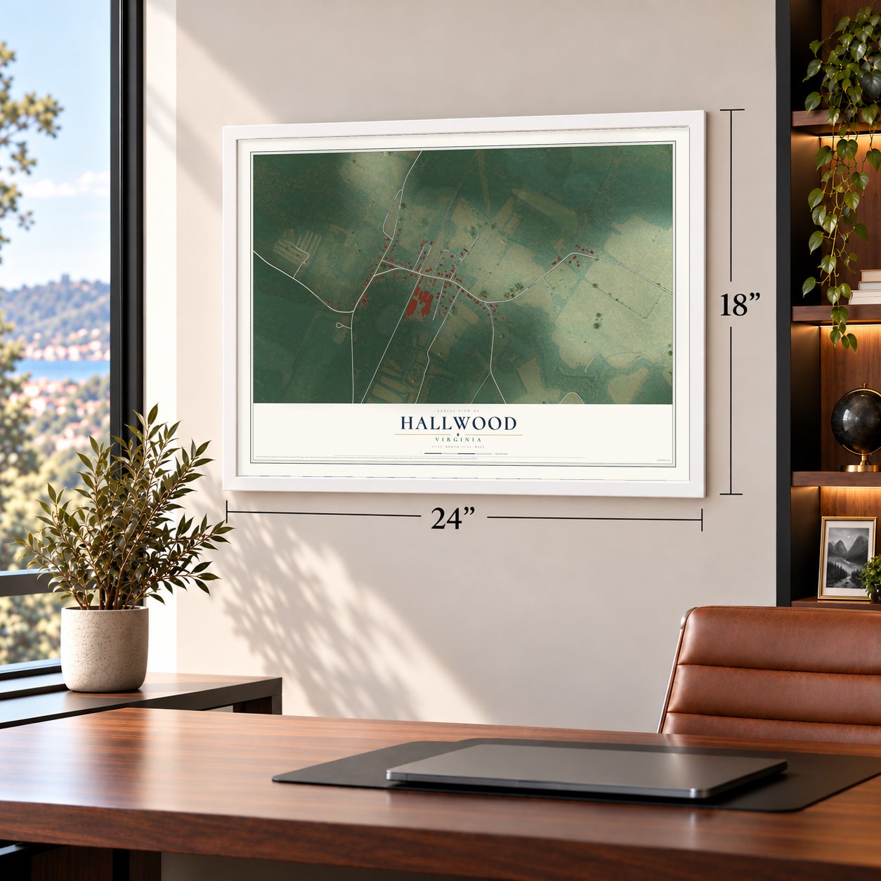 Hallwood, Virginia map, 18 x 24 inch print in a white frame in a home office