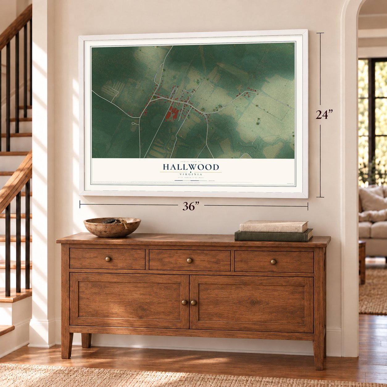 Hallwood, Virginia map, 24 x 36 inch print in a white frame above a dresser by a staircase