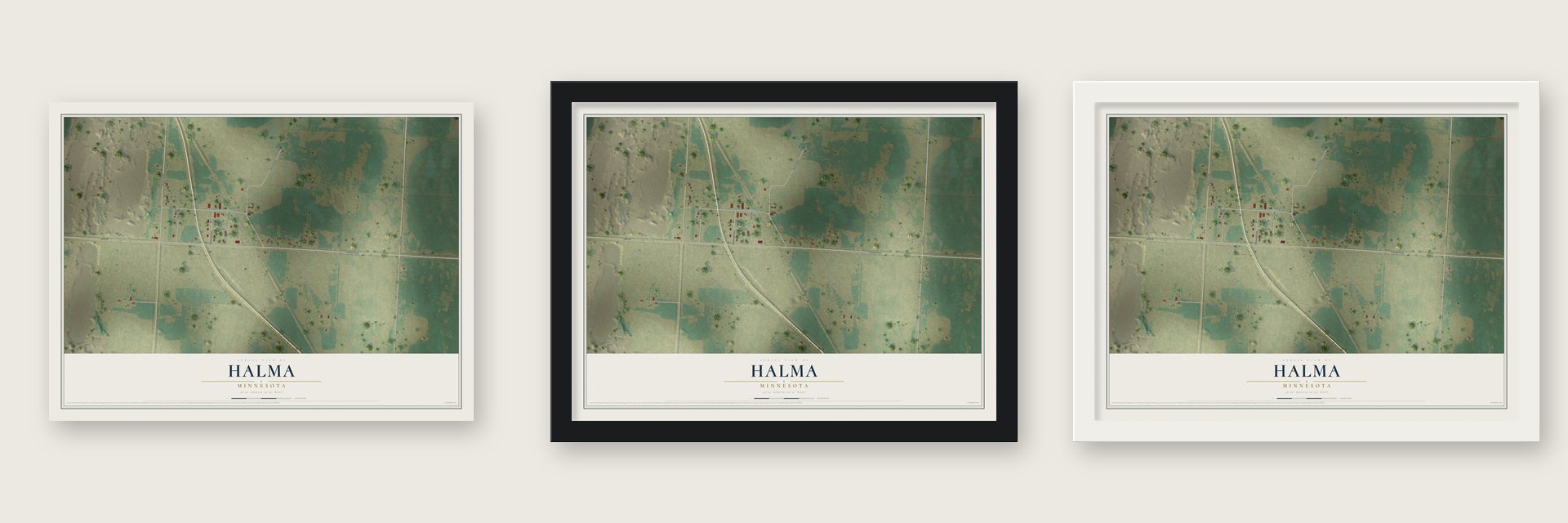 Halma, Minnesota map unframed, in a black wood frame and in a white wood frame