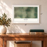 Halma, Minnesota map, 12 x 18 inch print in a white frame in an entryway