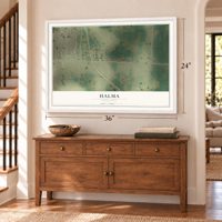 Halma, Minnesota map, 24 x 36 inch print in a white frame above a dresser by a staircase