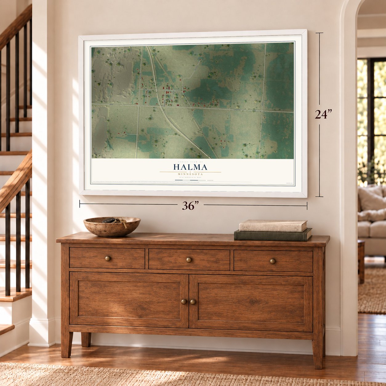 Halma, Minnesota map, 24 x 36 inch print in a white frame above a dresser by a staircase